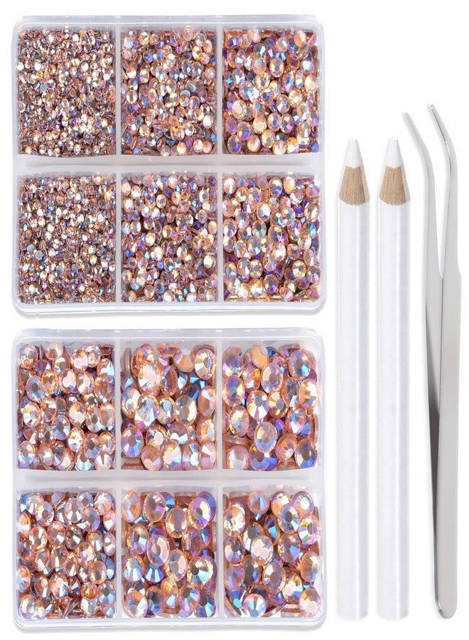 LPBeads 6400 Pieces Champagne AB Hotfix Rhinestones Flat Back 5 Mixed Sizes Crystal Round Glass Gems with Tweezers and Picking Rhinestones Pen - Image 1
